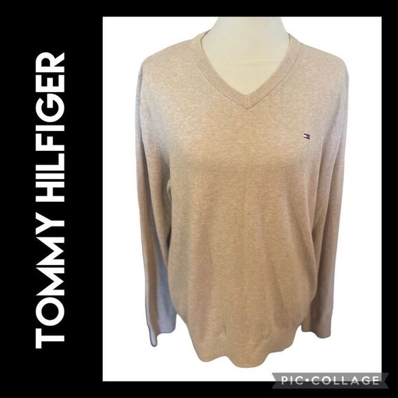 Tommy Hilfiger V-Neck Sand Colored Long Sleeve 100% Cotton Sweater Size M - Picture 1 of 11
